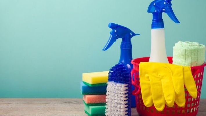 Cleaning products in a bucket